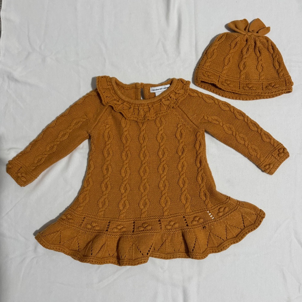 3-6M Cupcakes and Cashmere Baby Girl Mustard Cable Knit Sweater Dress Hat Set